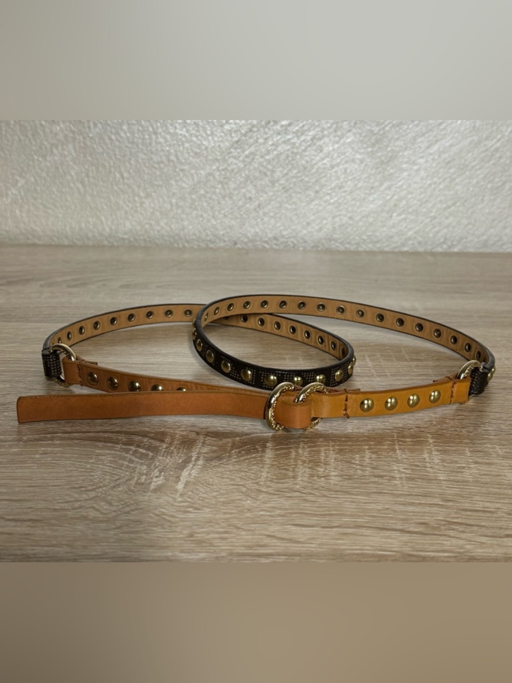 Michael Kors Double Gold Ring Studded Brown Logo Thin Leather Belt Women Size L